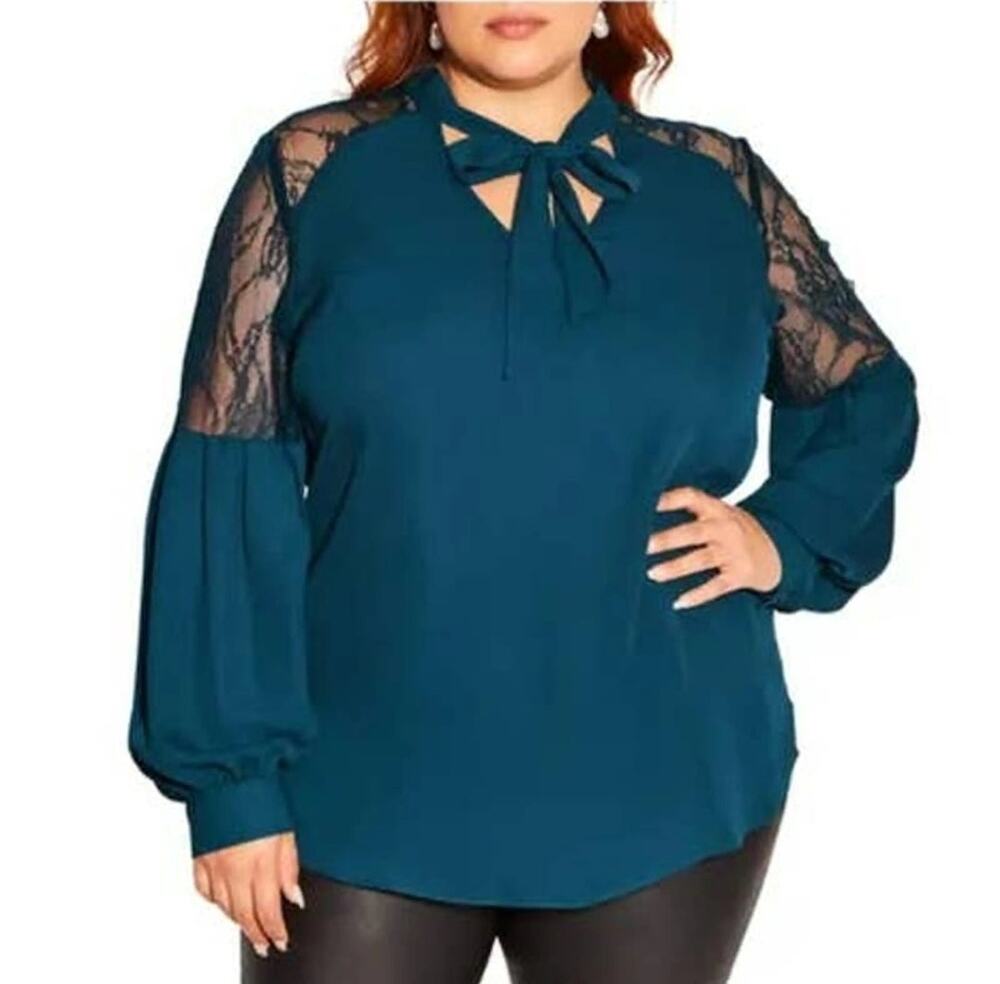 City Chic Mysterious Lace Balloon Sleeve Hunter Green Top/Blouse Size Small